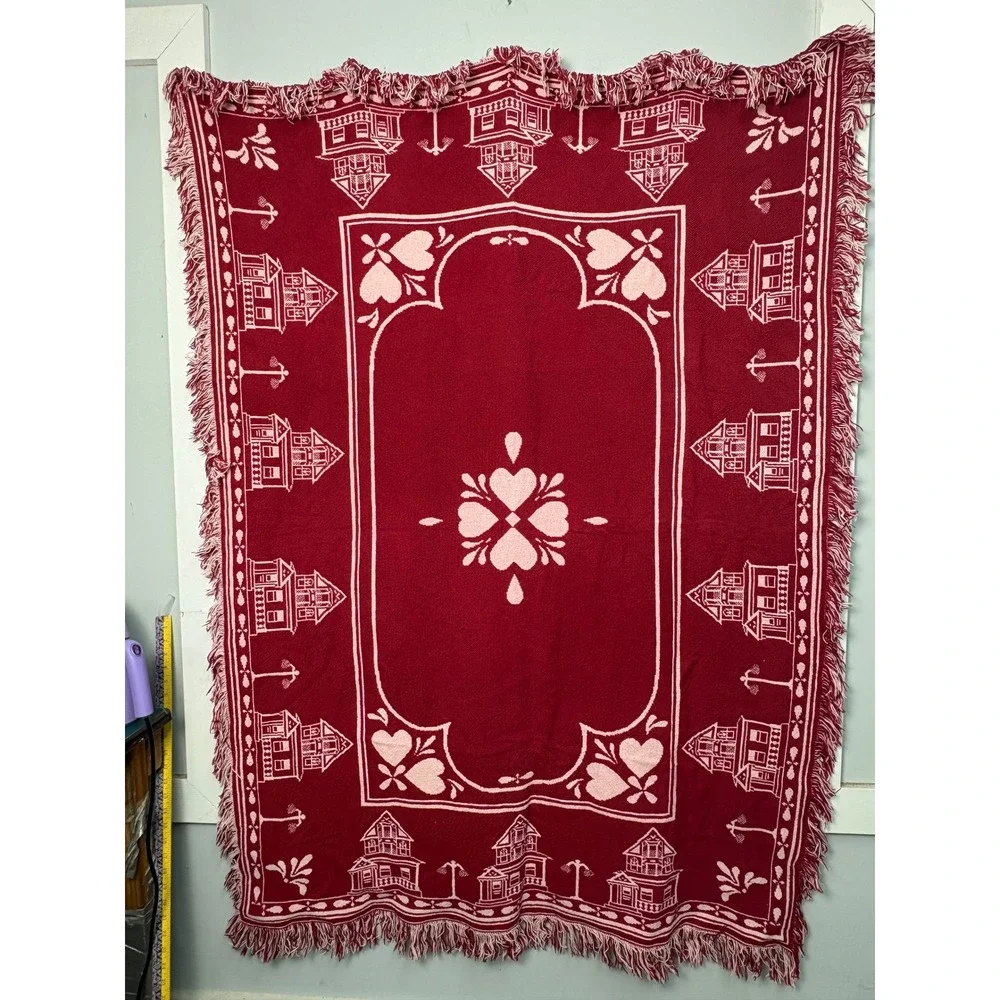 Vintage Woven Tapestry Throw Blanket Victorian House Hearts Reversible 48x64